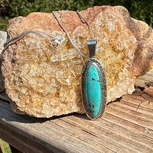 Navajo WL Turquoise and 925 Silver Large Oblong Pendant Necklace